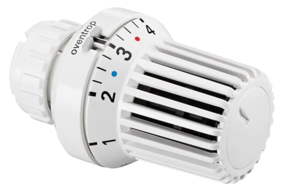 Weißer Oventrop-Thermostat mit Skala von 1 bis 4 und einem Flüssigfühler, montiert an einer Klemmverbindung zur Regelung der Heiztemperatur.